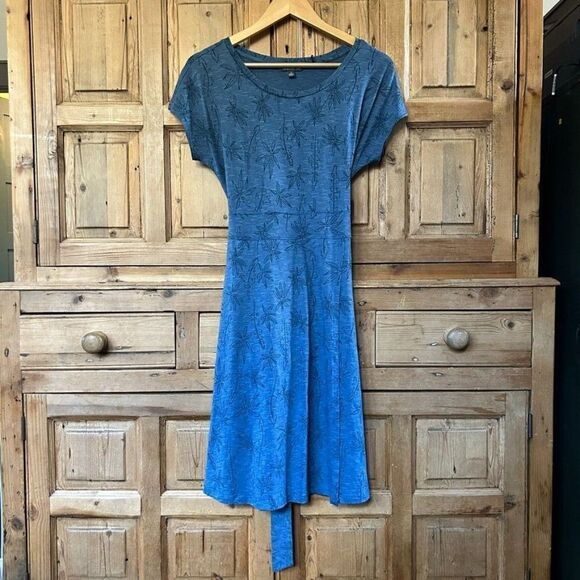 Toad & Co Small Blue T-Shirt Dress Cue Wrap Cafe Dress‎ Update Leaf Print - Picture 1 of 7